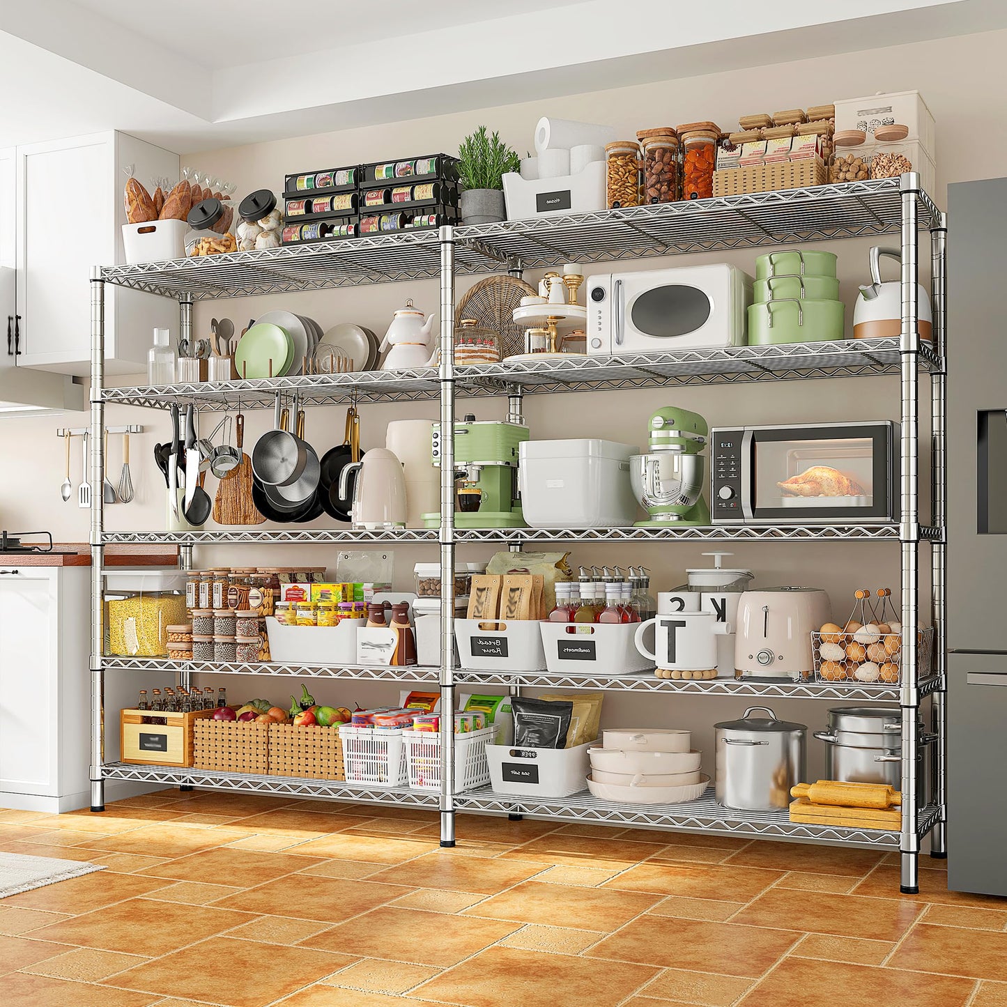 REIBII 69.8" W Storage Shelves 1510LBS Wire Shelving Unit 5 Tier Metal Shelving for Storage Rack Shelves Adjustable Heavy Duty Garage Shelf Pantry Shelves Kitchen Shelving,69.8"Wx15.8"Dx72.4"H,Chrome