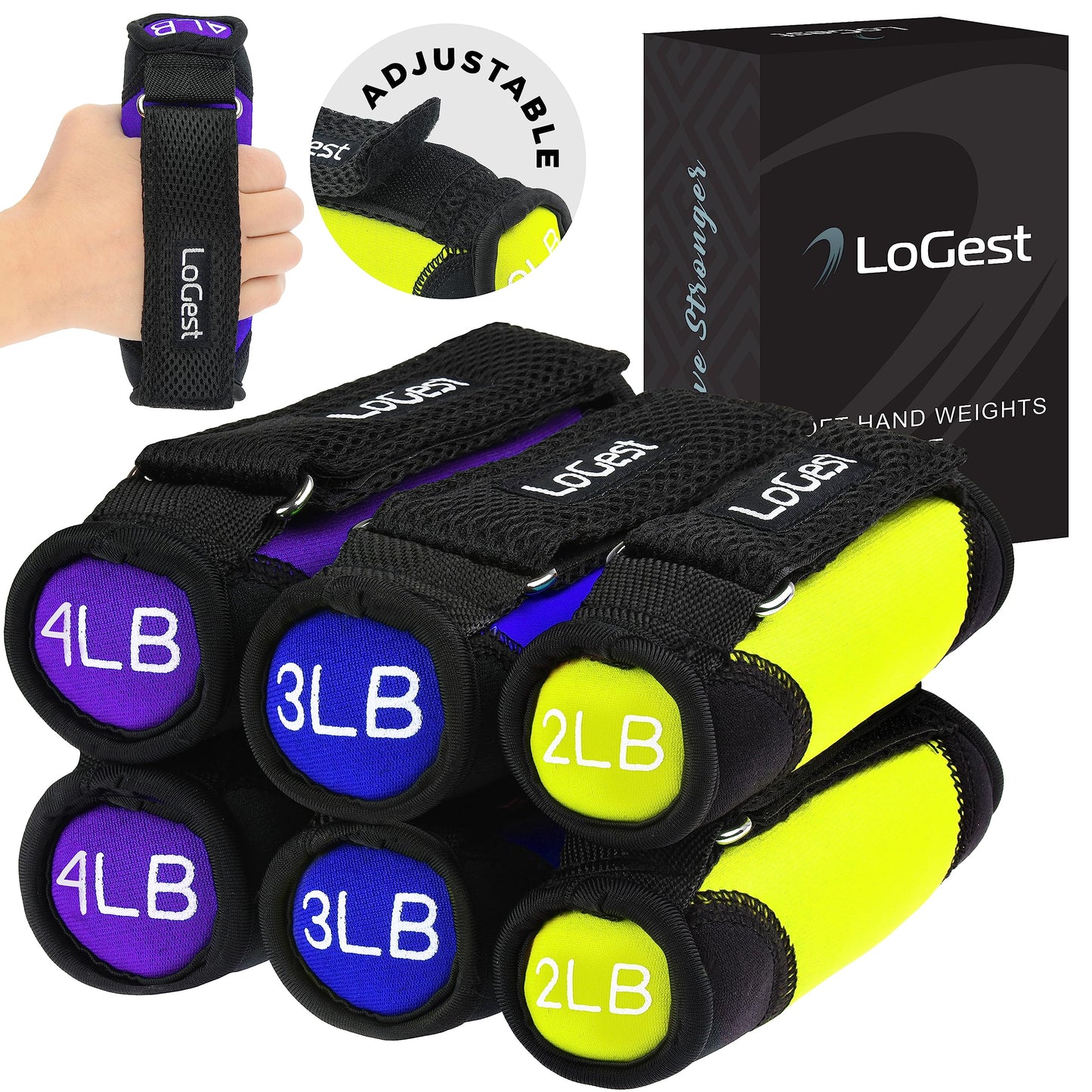 LoGest Soft Hand Weights with Adjustable Straps - Comes in 1LB Weights 2LB or 3LB 4LB - Comfortable Secure Weighted Neoprene Dumbbells with Straps for Walking Running Cardio Workout Physical Therapy