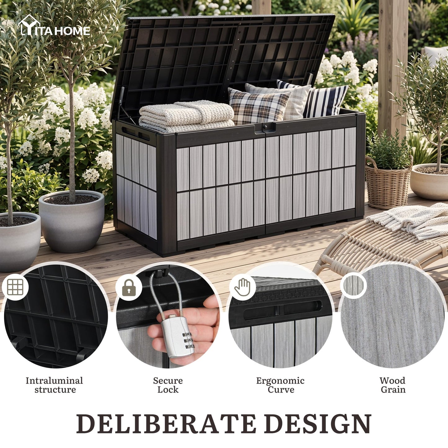 YITAHOME 134 Gallon Large Deck Box, Waterproof Resin Outdoor Storage Box with Lock, Doubles as Bench Seating for Patio Furniture Cushions,Garden Tools & Pool Accessories, Black & Wood-Grain Gray