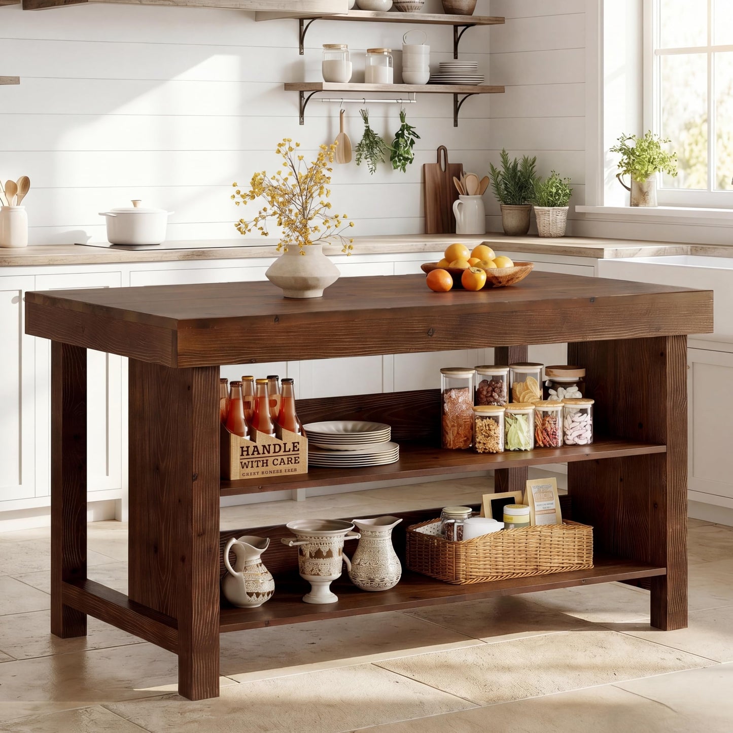 TRIBEWOOD 55" Solid Wood Kitchen Island with Storage, Farmhouse Kitchen Island Table with 3-Tier Open Shelves and Large Countertop for Kitchen, Dining & Living Room, Walnut