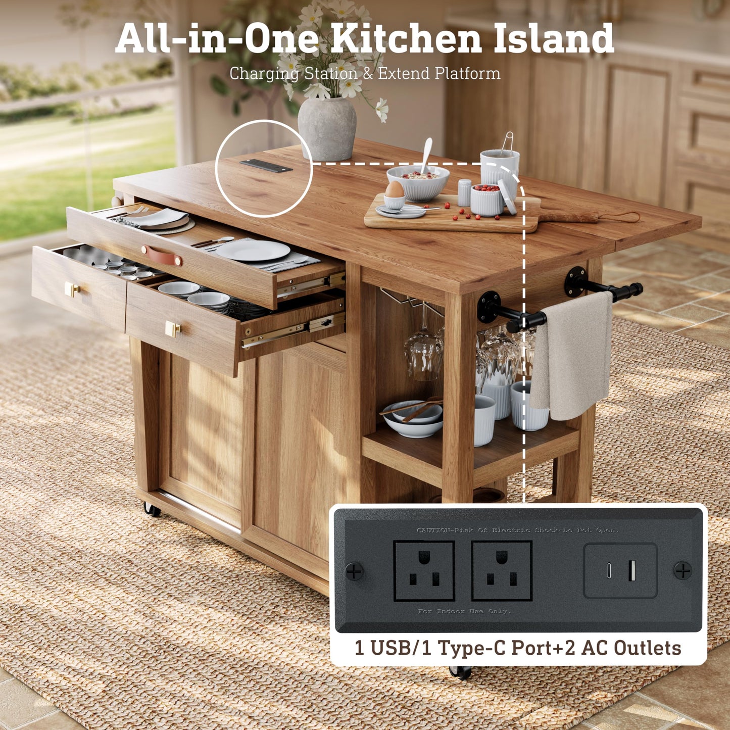 Kitchen Island with Storage & Charging Station, Rolling Kitchen Island Table on Wheels with Drop Leaf & 2 Drawers, Mobile Island Cart with Pull-Out Shelf, Spice Rack, for Dining Room (Natural)