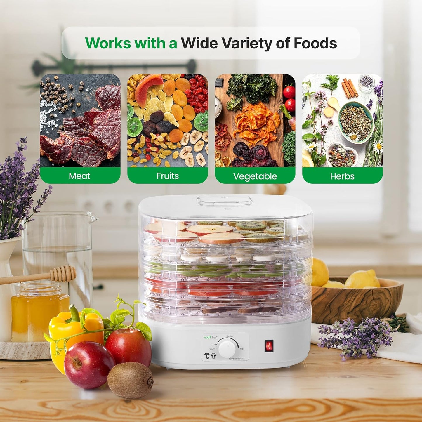Nutrichef Food Dehydrator Machine - Dehydrate Beef Jerky, Fruits & Vegetables | 5 Easy-Clean Trays