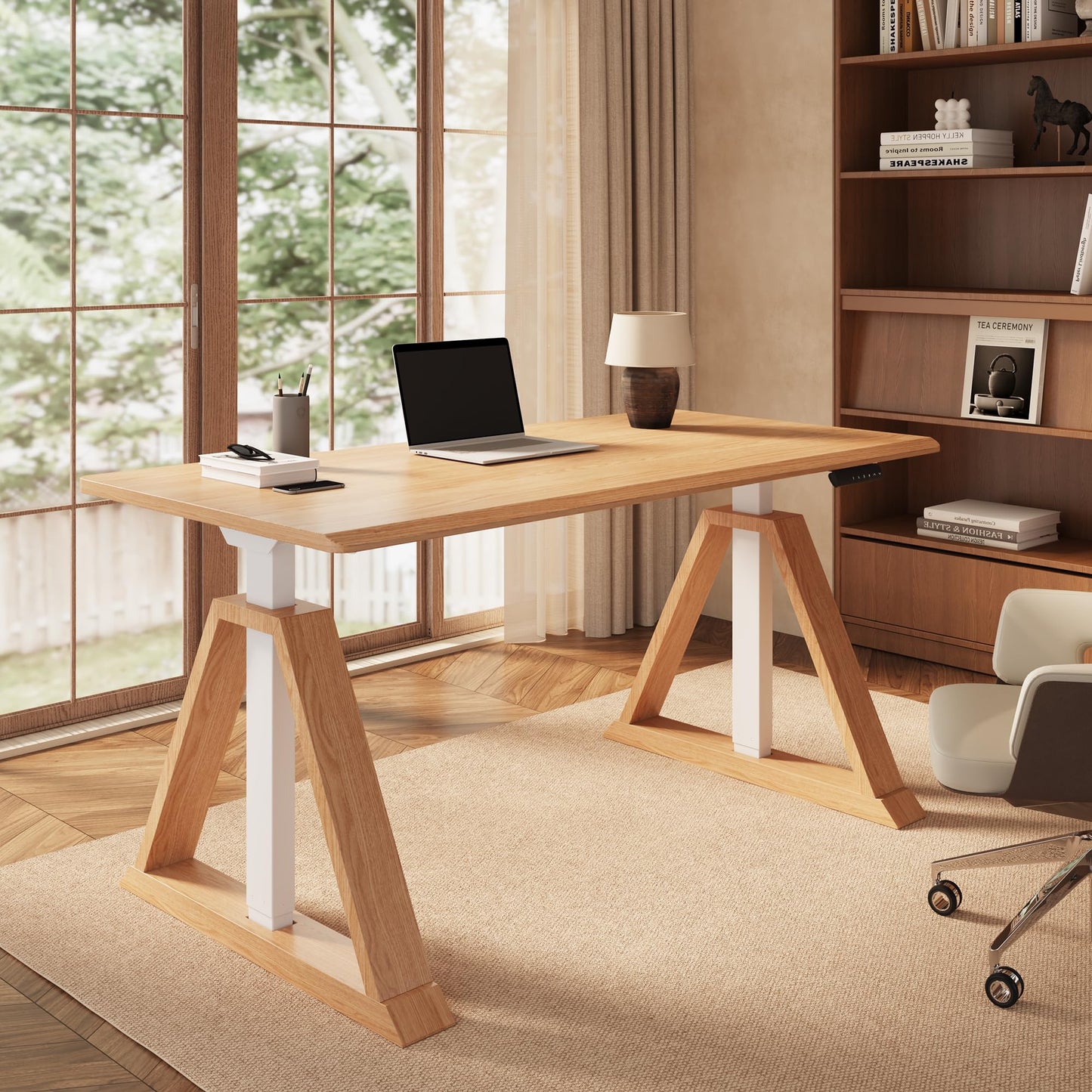 FLEXISPOT 55 x 28 Inch Oak Executive Standing Desk, Dual Motor Electric Height Adjustable Desk, Japanese Minimalist Style Desk for Home Office and Writing, 222 LBS, Natural