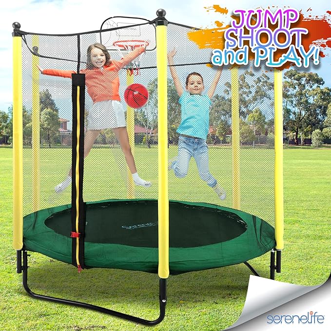 SereneLife 5FT Outdoor & Indoor Trampoline for Kids – Durable Mini Toddler Trampoline with Net Enclosure & Basketball Hoop - Supports 176 lbs, 60"x76"