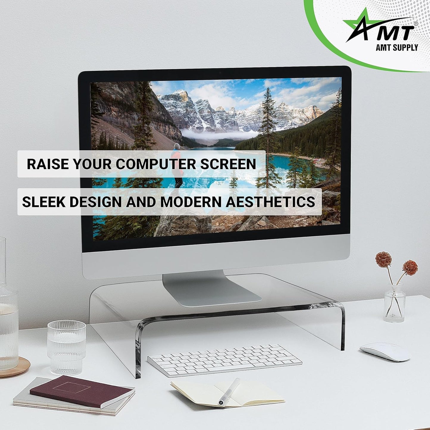 16 Inch AMT Acrylic Laptop Monitor Stand, Computer Riser with Cat Keyboard Protector, Space-Saving Design, Extra