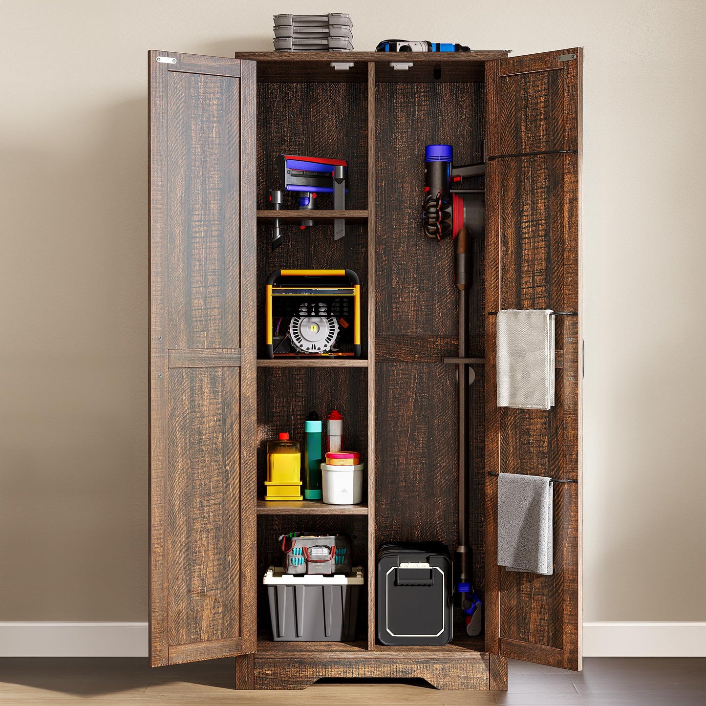 DWVO Wooden Storage Cabinet, Vacuum Cleaner Cabinet Storage Compatible with Dyson Models, Utility Cabinet Stand for Brooms and Mops, Cleaning Tool Cabinet with Doors for Garage