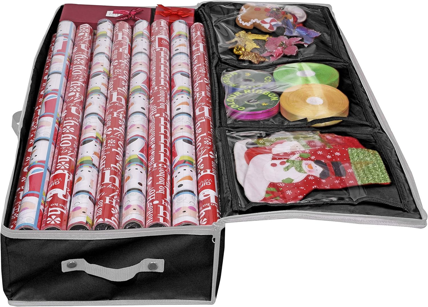 Primode Wrapping Paper Storage Container - Under Bed Gift Wrap Organizer | 41”x14”x6” | Holds 18-24 Rolls Up to 40” | Durable 600D Oxford Material | Pockets for Ribbons and Bows (Black)