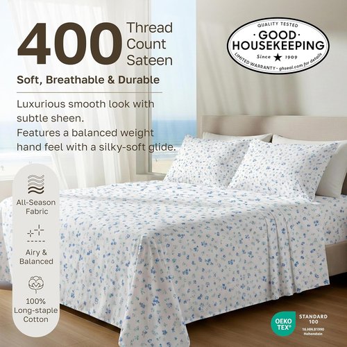 California Design Den King Size Cotton Sheet Set - 100% Soft, 400 TC, Deep Pockets, Floral White/Blue