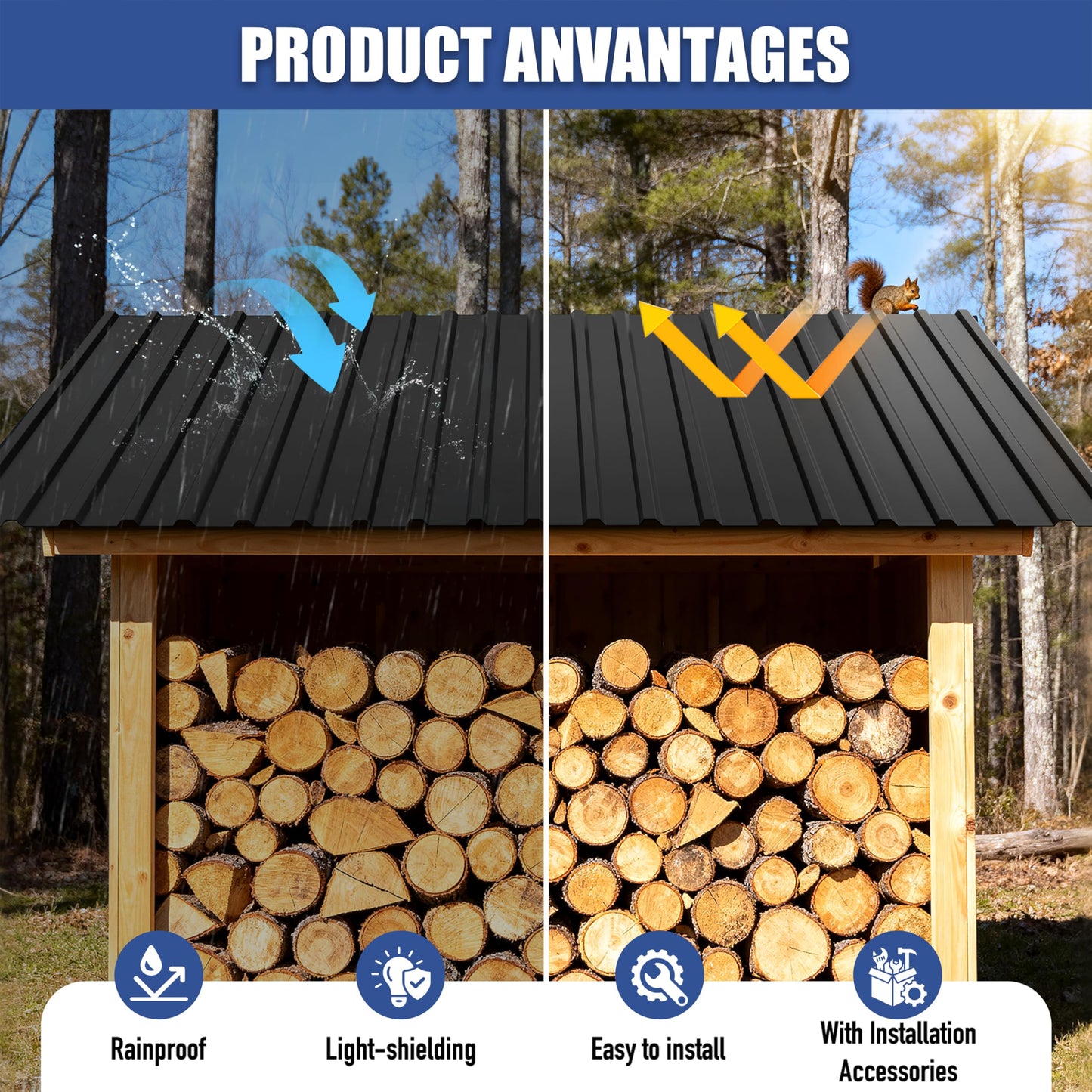 Brakki Metal Roofing Panels 20pcs 150 ft², L61.02"xW17.72" Black Corrugated Galvanized Steel Roof Panels with Screw, Heavy Duty Metal Siding Suitable for Garages Chicken Coop Sheds Stables Patio