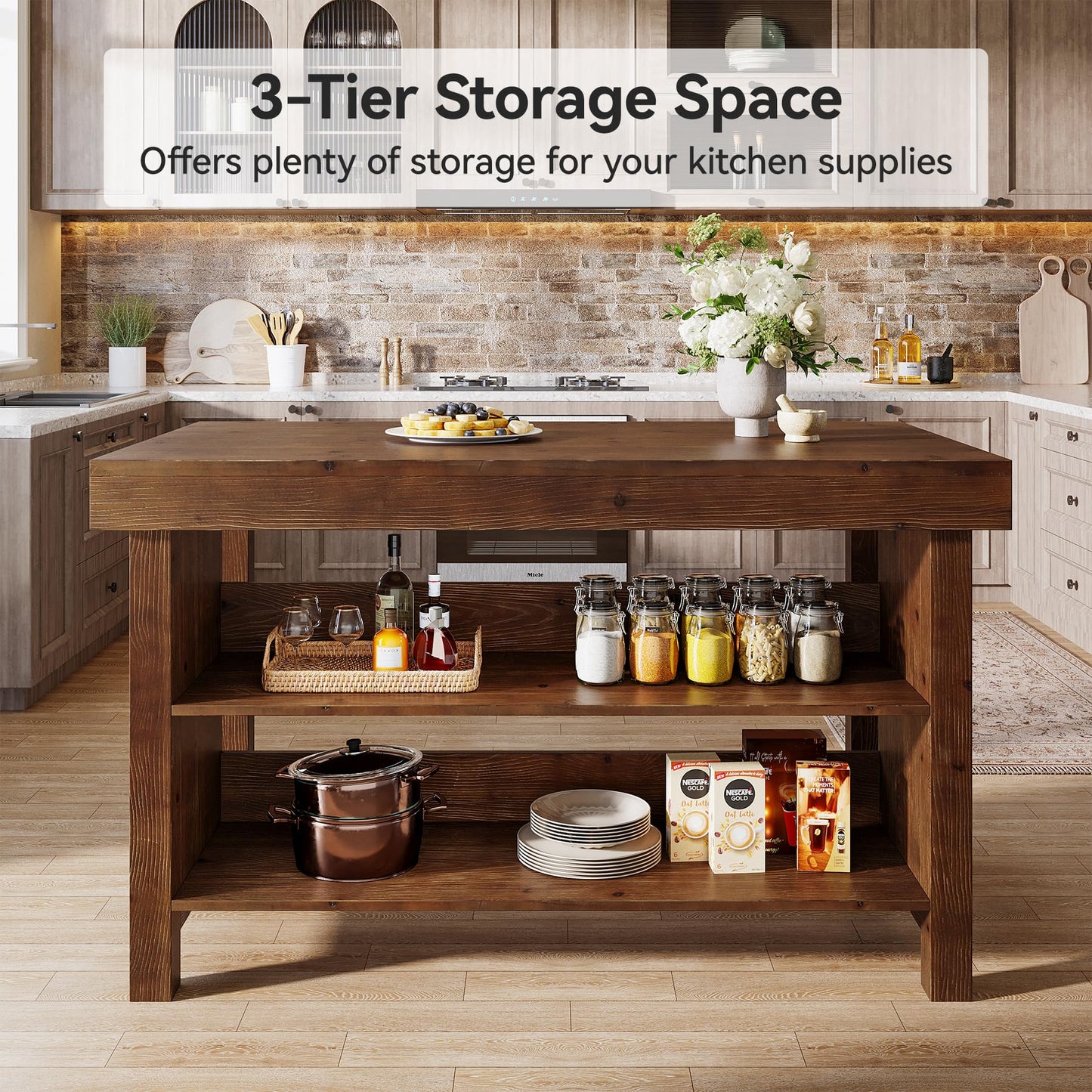 TRIBEWOOD 55" Solid Wood Kitchen Island with Storage, Farmhouse Kitchen Island Table with 3-Tier Open Shelves and Large Countertop for Kitchen, Dining & Living Room, Walnut