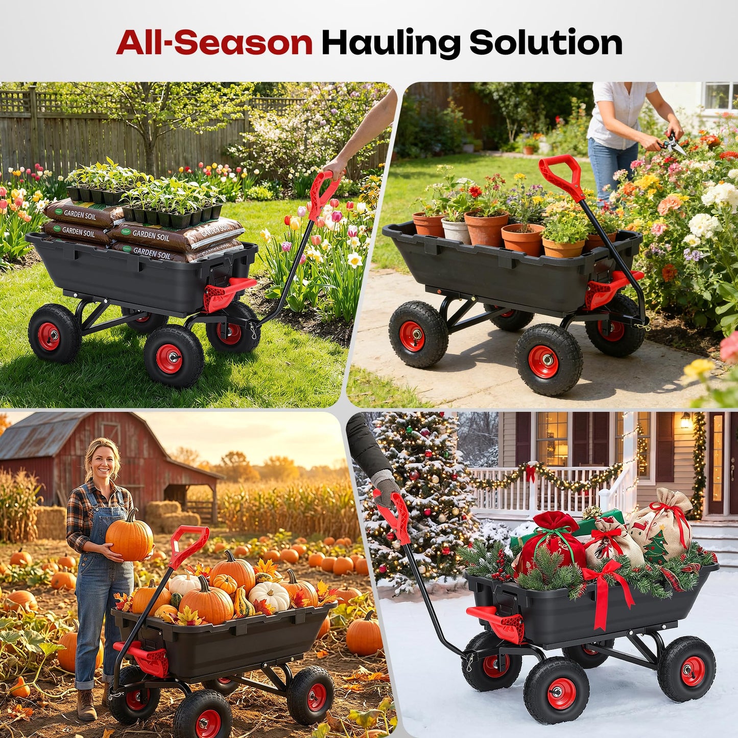 Autodaya 900LB Garden Dump Cart, 2026 Upgraded Heavy Duty Wheelbarrow Cart with 10" Non-Slip Pneumatic Tires & Quick-Release System, 4-Wheel Steel Frame Wagon for Transportation in Yard, Farm, Garden