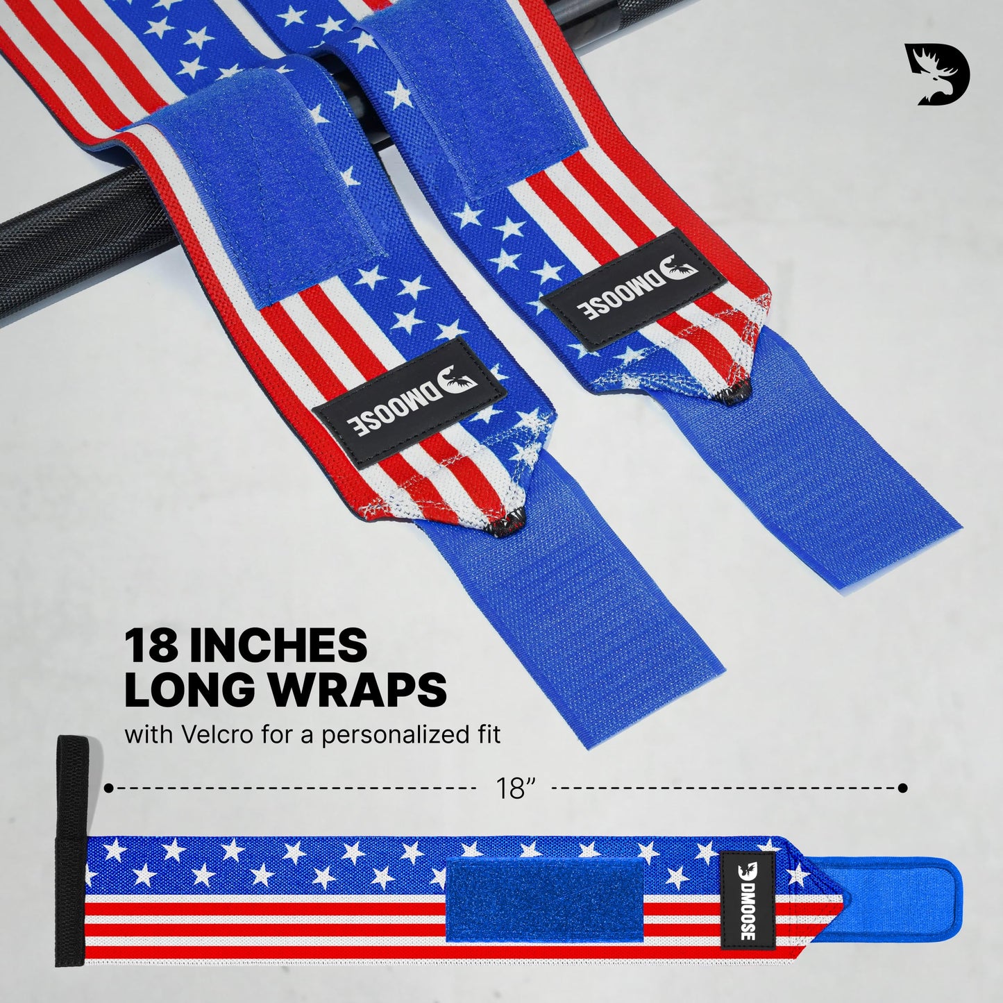 DMoose Wrist Wraps Weightlifting Men 12 and 18 Inches Thumb Loops with Wrist Support for Workouts Powerlifting Wrist Straps for Weight Lifting Men and Women American III