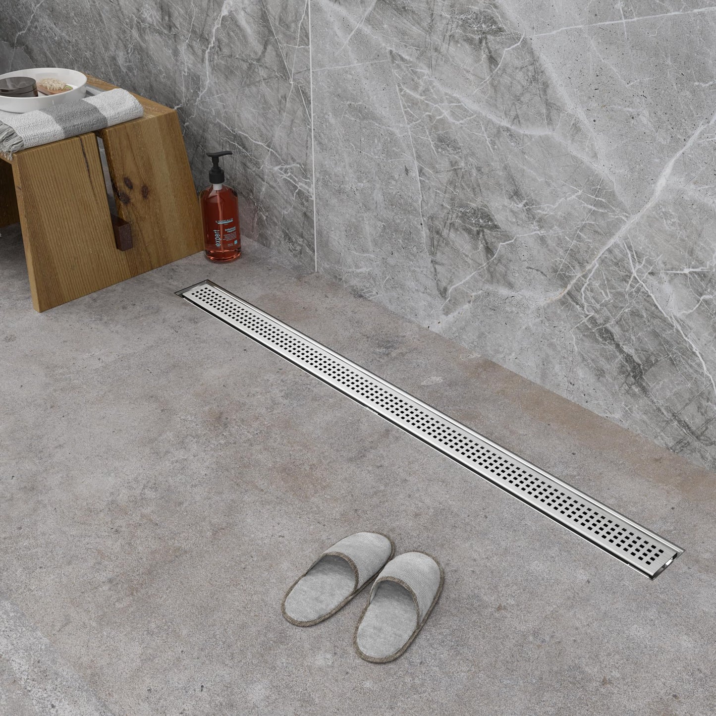36 inch Linear Shower Drain with Square Hole Pattern Grate Cover, Brushed 304 Stainless Steel Bonding Flange Linear Drain, Low Profile Linear Shower Drain with Hair Strainer