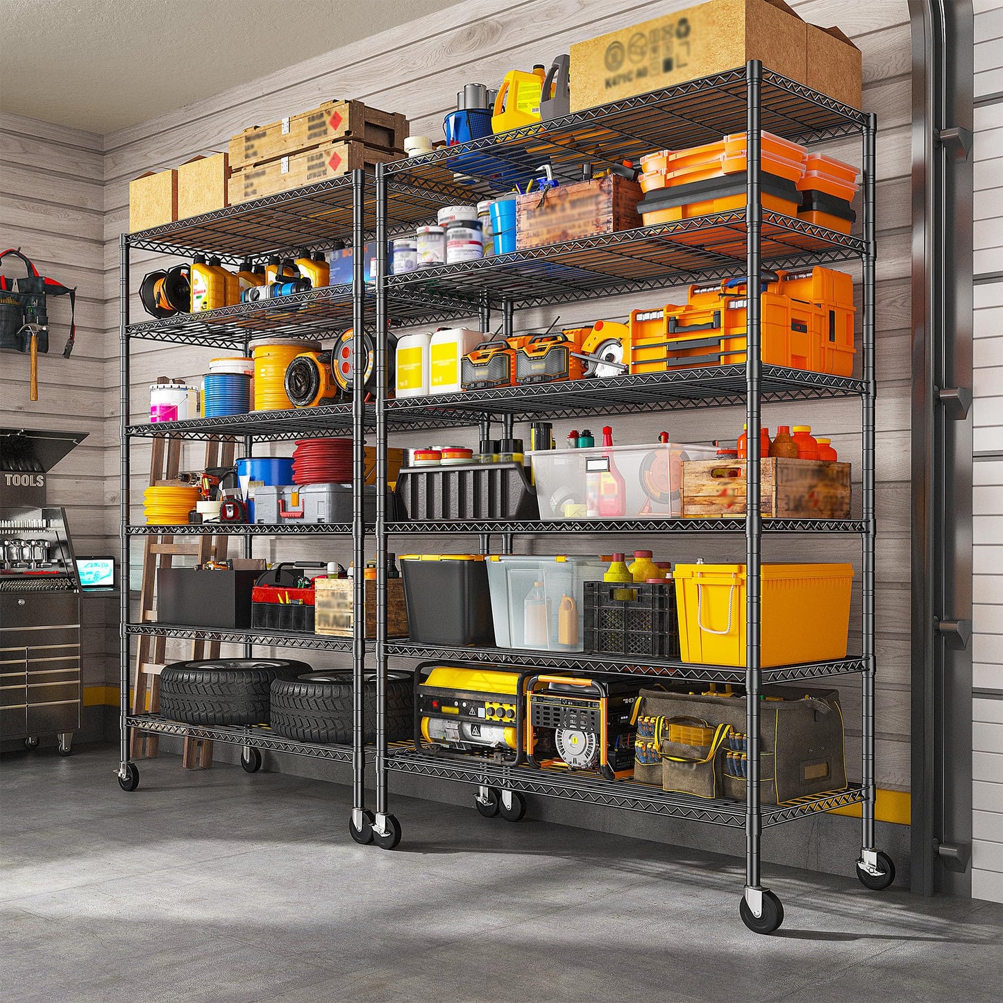 Romorgniz 6-Tier Rolling Storage Shelves, 82" H x 45" W x 18" D Adjustable Wire Shelving Unit with Locking Wheels, Heavy-Duty Metal Rack for Garage, Pantry, Kitchen, Basement – Black