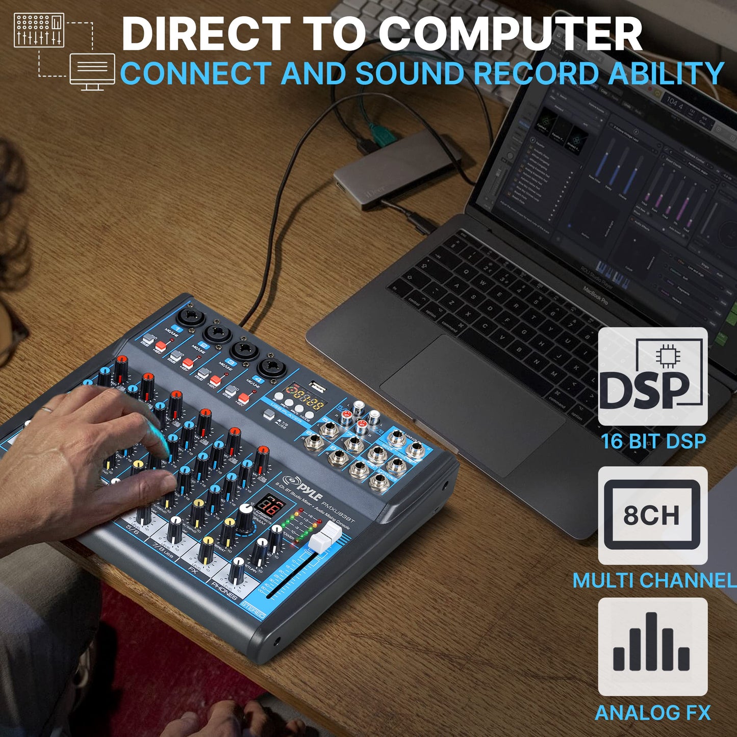 Pyle 8 Channel Bluetooth Studio Mixer - USB Computer Recording, Built-In MP3 Player, 48V Phantom Power, 16-Bit DSP FX, 3-Band EQ, XLR Combo Inputs, DJ Sound Board - PMXU83BT.5