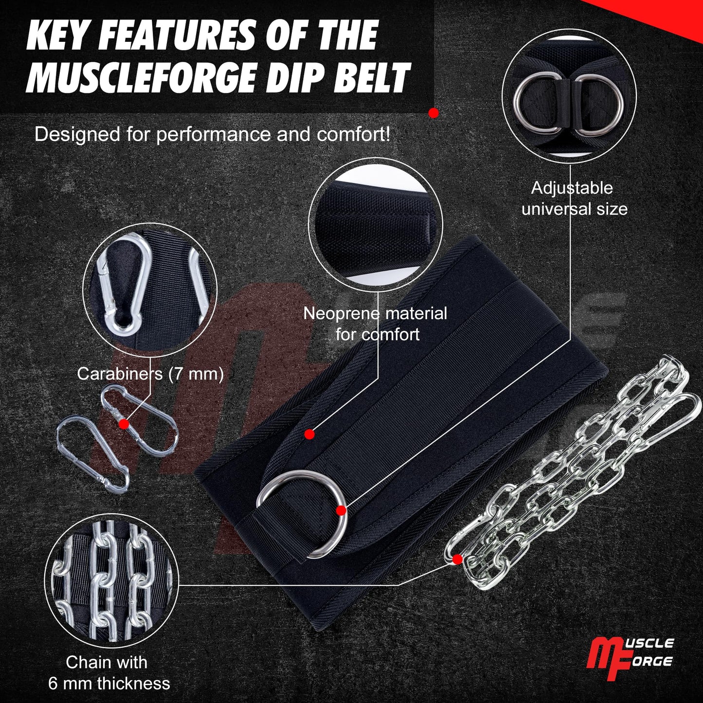 MuscleForge Weighted Dip Belt, Weight Lifting Pull Up Belt up to 530 lbs for Weighted Pullups with Chain and Carabiner, for Men, Strength Training, Bodybuilding