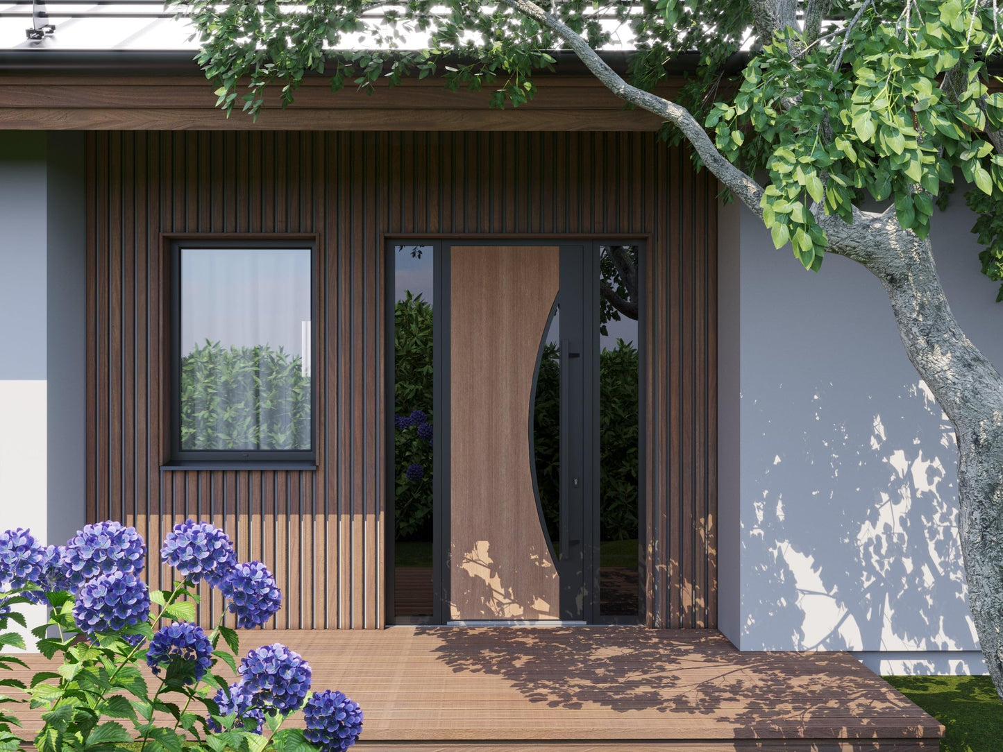 VDOMDOORS Front Exterior Prehung Steel Door/Ronex 1077 Teak/Top Exterior Window Sidelite/Entry Metal Modern Painted W36 x H80+16" Left Hand Inswing