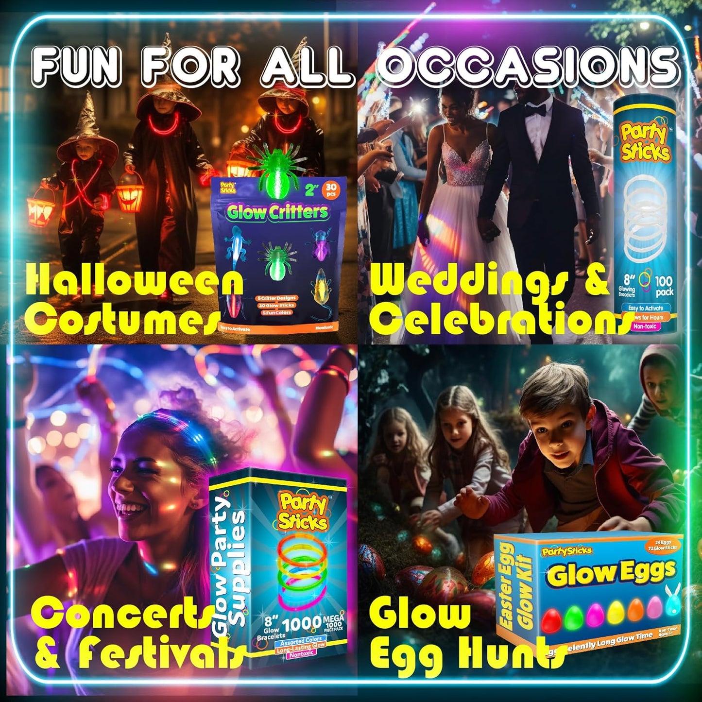 PartySticks Ultra Bright Glow Sticks - Glow in The Dark Party Supplies with Glasses, Bracelets & Connectors | Perfect for Halloween & 4th of July Celebrations