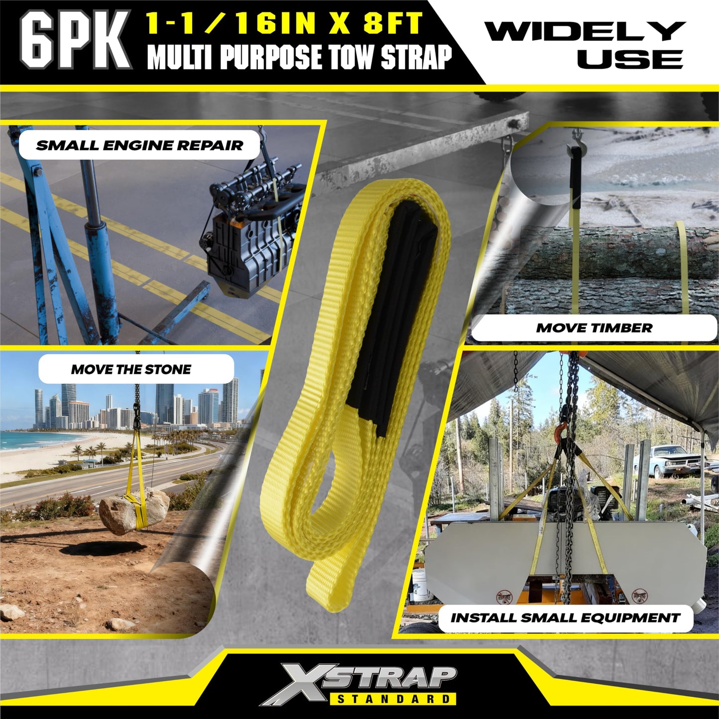XSTRAP STANDARD 6PK 1" x8' Lift Sling Web Strap/Wear Guard End, 4,000 lbs Break Strength Lifting Straps with 2 Reinforced Loops for Tree Saver Lifting Furniture Appliances Machine