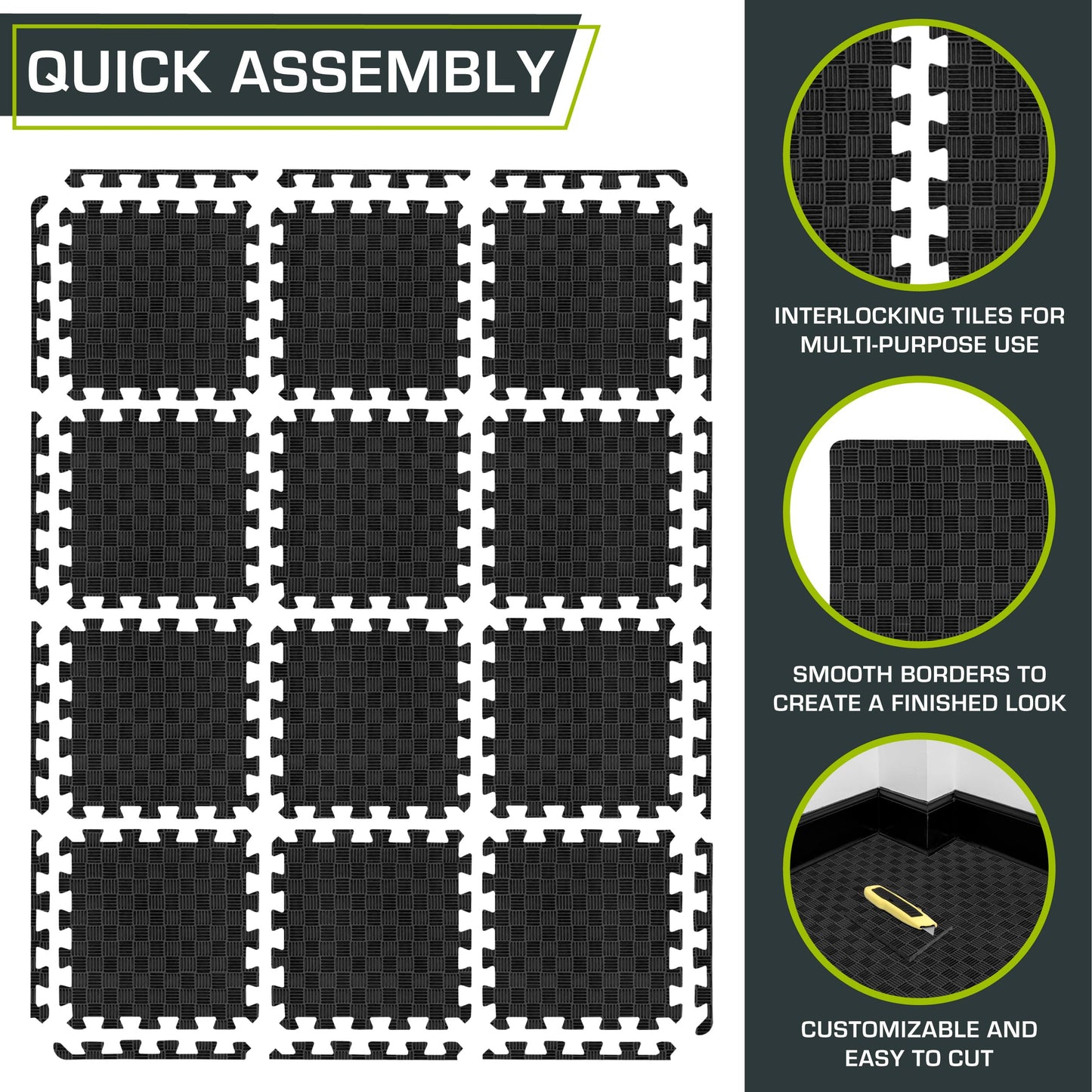 ProsourceFit Exercise Puzzle Mat ½-inch, Checkered EVA Foam Floor Tiles w/ Non-Slip Texture, Interlocking Design for Adjustable Gym Surfaces, Shock Absorbing, Black, 12 SQ FT - 12 Tiles