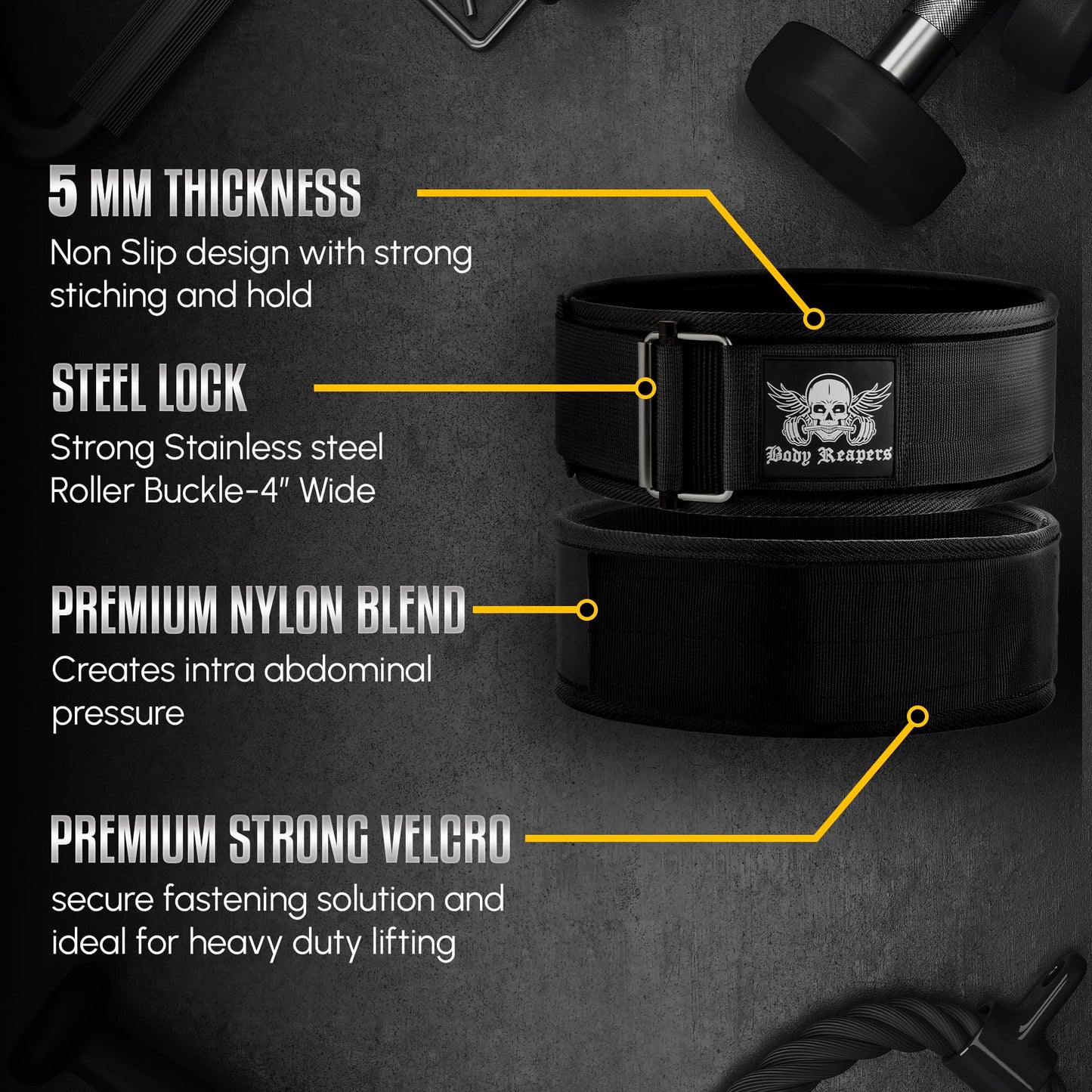 BodyReapers Nylon Auto-Locking Weight Lifting Belt, 4" Weightlifting Belt For Fitness, Weight Lifting, Olympic Lifting - Adjustable Deadlift Belt, Squat Belt - Workout Belt For Men & Women