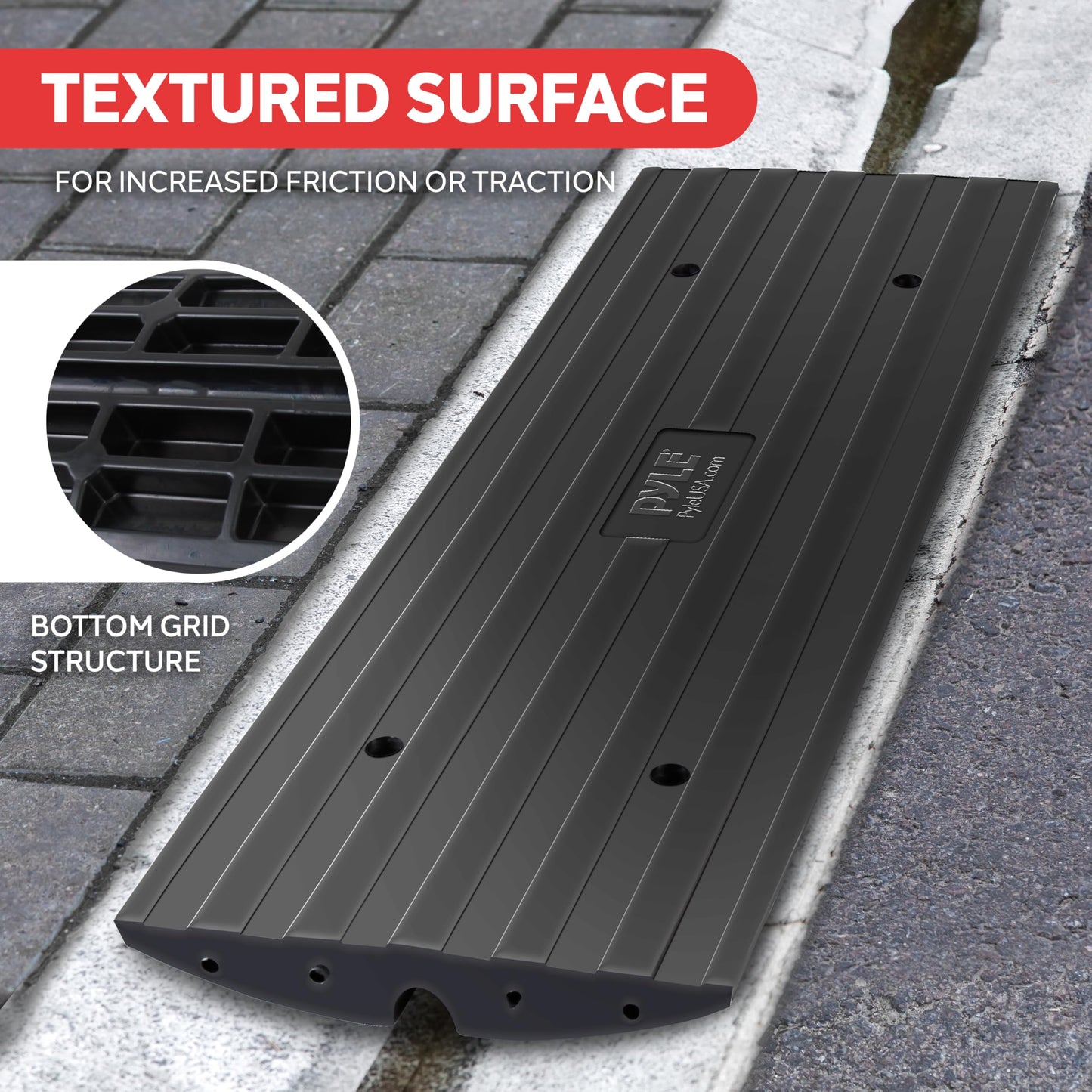 Car Vehicle Curbside Driveway Ramp - 4ft Heavy Duty Rubber Threshold Bridge Track Curb Ramp, for Loading Dock, Garage, Sidewalk, Truck, Scooter, Bike, Motorcycle, Wheelchair Mobility - Pyle PCRBDR21