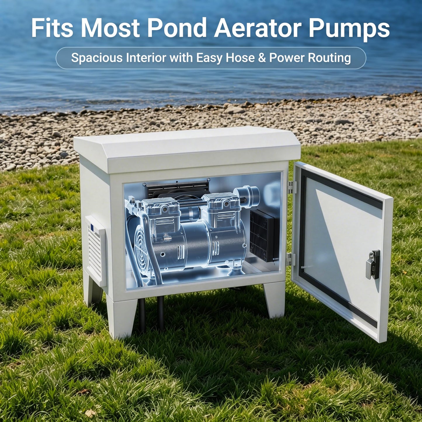 HQUA Pond Aerator Pump Cover Cabinet, Weatherproof Outdoor Protection System with Cooling Fan, Pre-Wired Outlet & 10 ft Power Cord, Galvanized Steel Enclosure 19”W × 14”D × 18.5”H