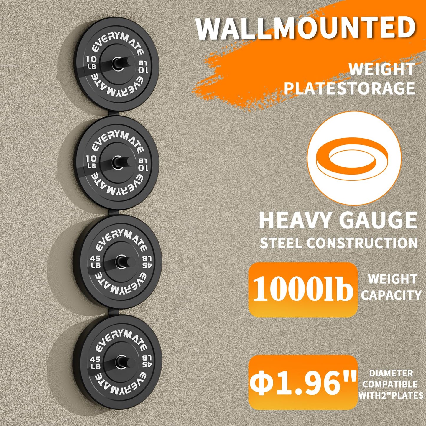 EVERYMATE Weight Plate Storage Rack, Wall Mounted Weight Plate Holder, Bumper Plate Storage for Home Gym, Heavy Weight Plates Holder Fit 2"Plates (4peg)