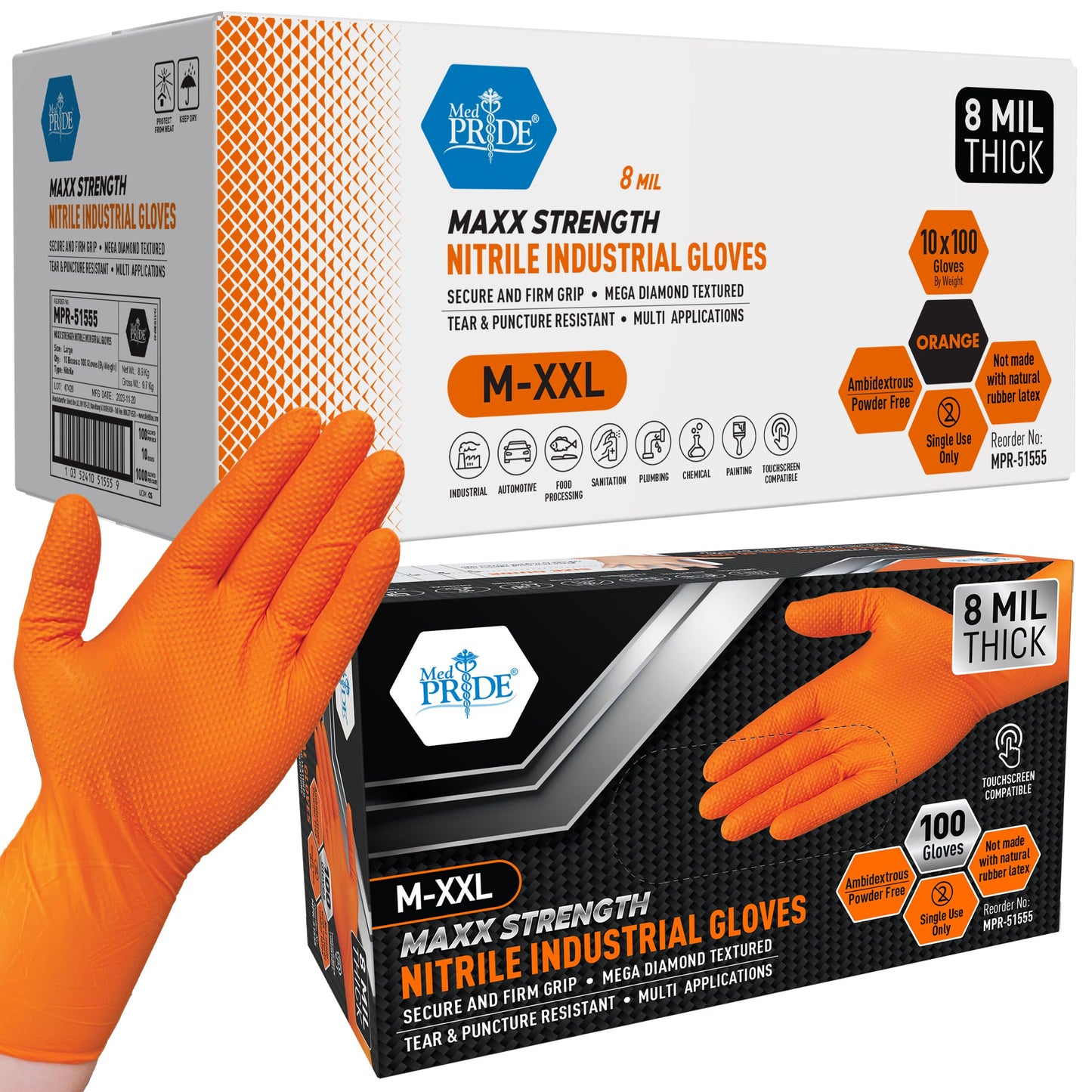 MED PRIDE Maxx Strength Nitrile Industrial 8 Mil Thick 1000 Gloves/X-Large - Diamond Texture Disposable Safety- Heavy-Duty, Tear-Resistant Mechanic Automotive Food Handling Gloves- Orange