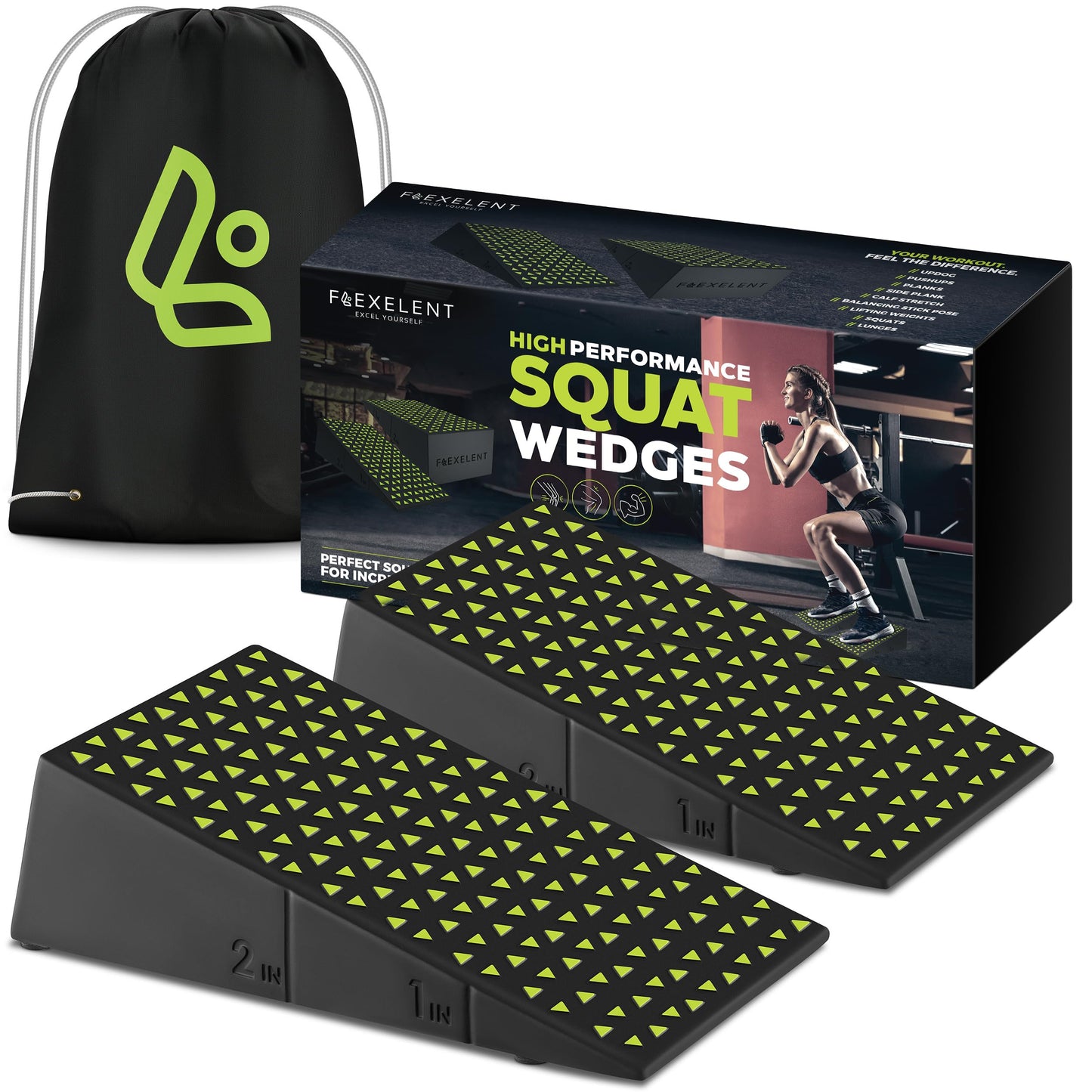 Flexelent Squat Wedge Block Pair - Heel Elevated Squat Wedge for Deeper Squats, Heavy Lifting and Better Form - 17° Angle Exercise Wedges, Slant Board for Squats with Carry Backpack - Lime Green