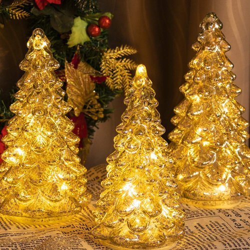 KI Store Lighted Glass Christmas Tree Figurine - Set of 3 Mercury Glass Decorations | Battery Operated with Timer