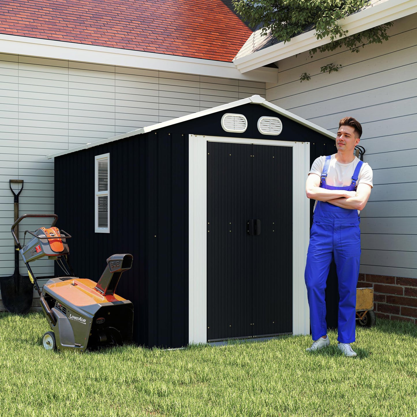 KEIKI 8x6 FT Outdoor Storage Shed, Metal Garden Shed, Heavy Duty Tool Shed, Lockable Weatherproof Storage House with Air Vents for Backyard Patio Outdoor Storage, Dark Gray