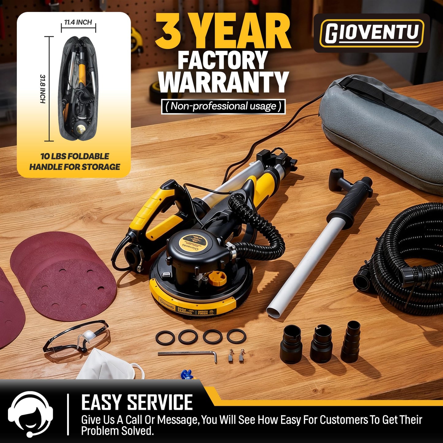Drywall Sander, 750W Powerful Electric Drywall Sander with Vacuum Attachment, Auto Dust Collection, 7 Variable Speed 900-1800RPM, Dustless Wall Sander with Long Power Cord for Popcorn Ceiling, Drywall