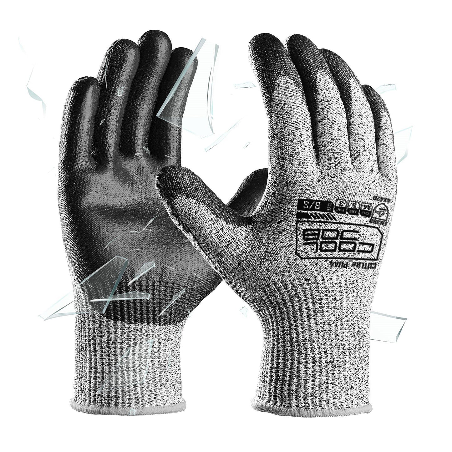 COOLJOB 12/120 Pairs A4 Cut Resistant Safety Work Gloves with Grip, Breathable & Lightweight Polyurethane PU Coated Protective Gloves for Wood Carving, Glass Handling, Mechanic Work, Gray Large