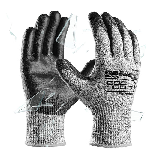 COOLJOB 12/120 Pairs A4 Cut Resistant Safety Work Gloves with Grip, Breathable & Lightweight Polyurethane PU Coated Protective Gloves for Wood Carving, Glass Handling, Mechanic Work, Gray Large