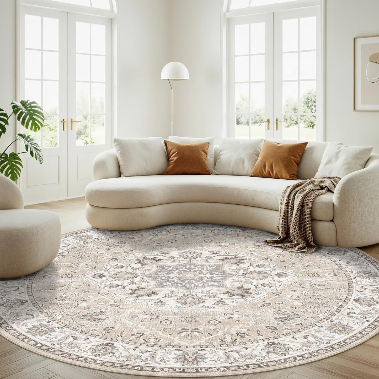 Skiennix 7x7 Living Room Area Rug - Washable Soft Round Oriental Print | Non-Slip, Stain Resistant Beige Mat