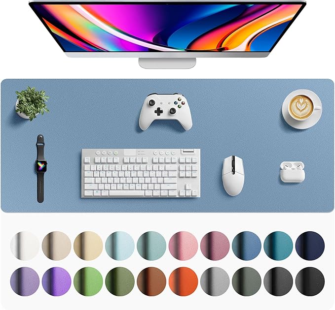 Aothia Faux Leather Desk Mat - Large Mouse Pad, Non-Slip PU Leather Blotter, Waterproof Writing Surface for Office and Home (Denim Blue, 42" x 17")