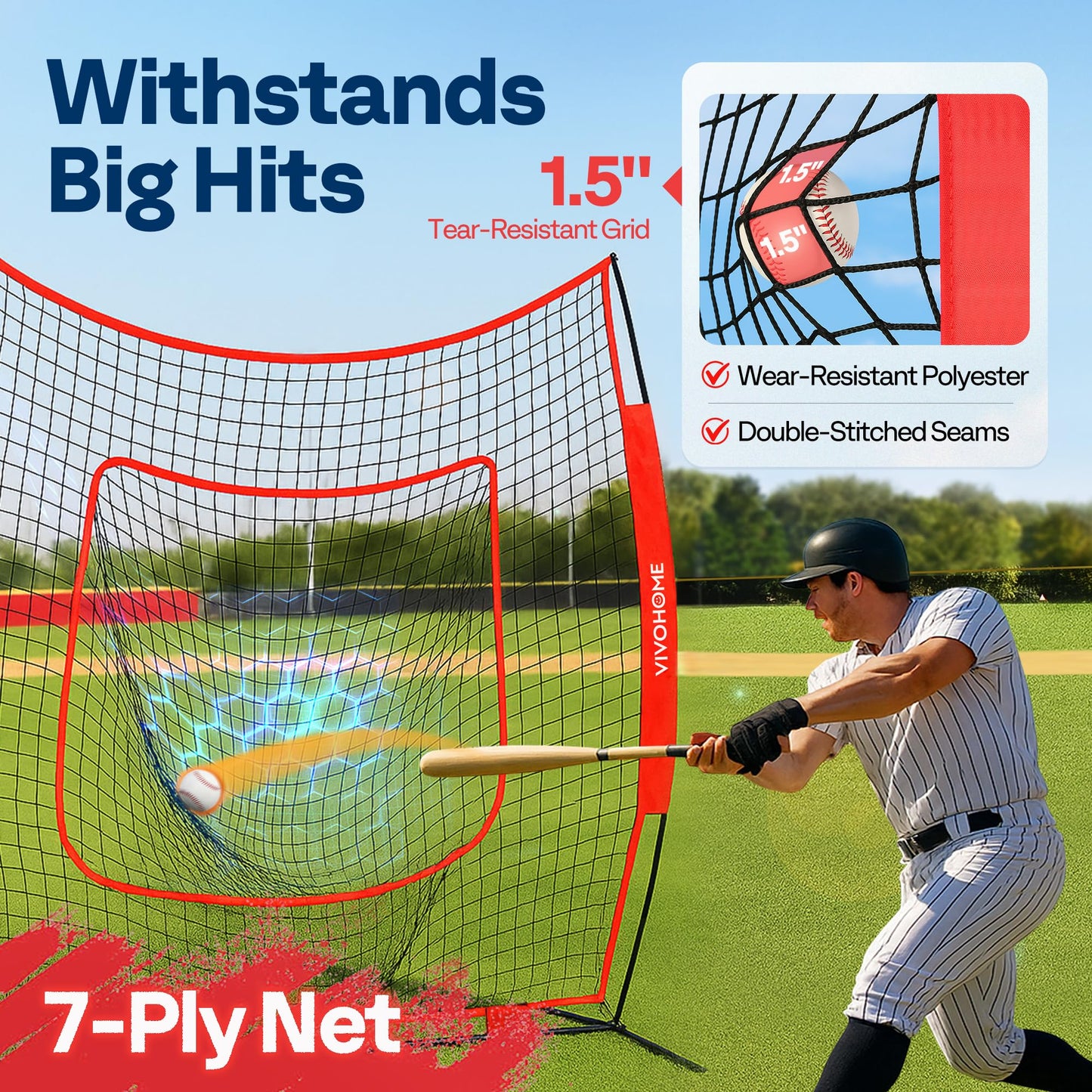 VIVOHOME Baseball Softball Batting Net - 7x7 Ft Baseball Backstop, Softball Practice Net for Hitting, Pitching, Throwing with Batting Tee and Carry Bag, Red
