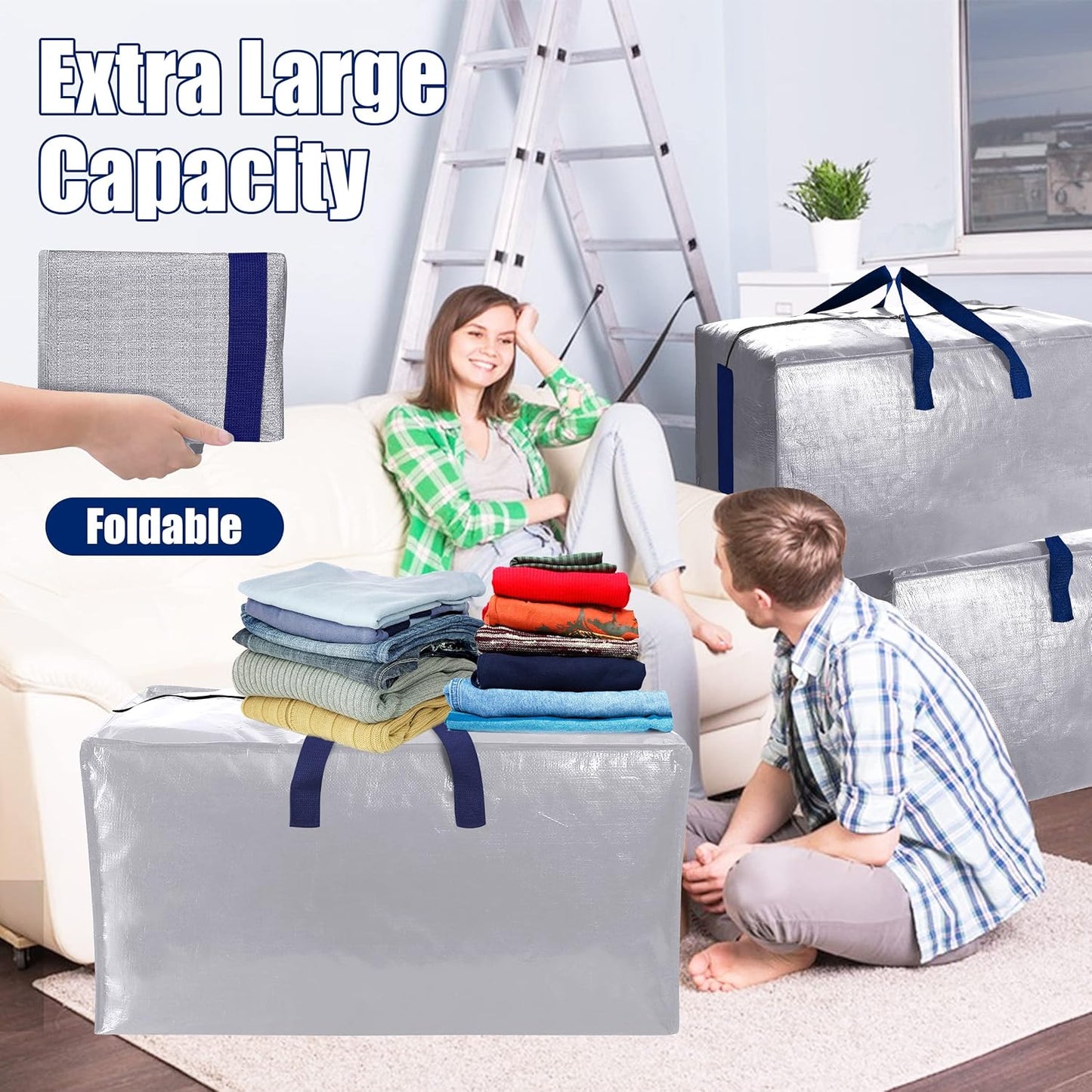 Sweet Dolphin Extra Large Moving Bags - Heavy Duty Storage Totes with Strong Zippers & Handles | 12 Pack, Silver