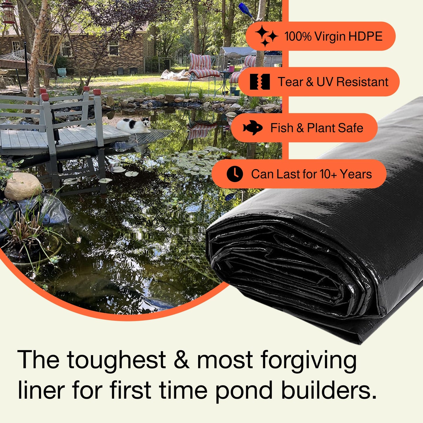 MAPORCH Pond Liner for Outdoor Ponds - Heavy Duty Koi Fish Pool Liner - 16.5 x 26.5 ft, HDPE 20 Mil - UV Resistant Waterproof Underlayment
