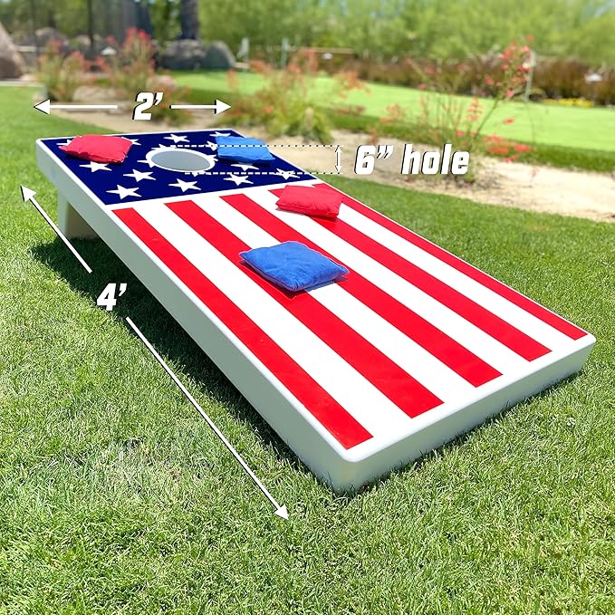 GoSports 4 x 2 ft All Weather Cornhole Boards - American Flag, Red, or Blue - Game Set Includes 8 Bean Bags & Rules