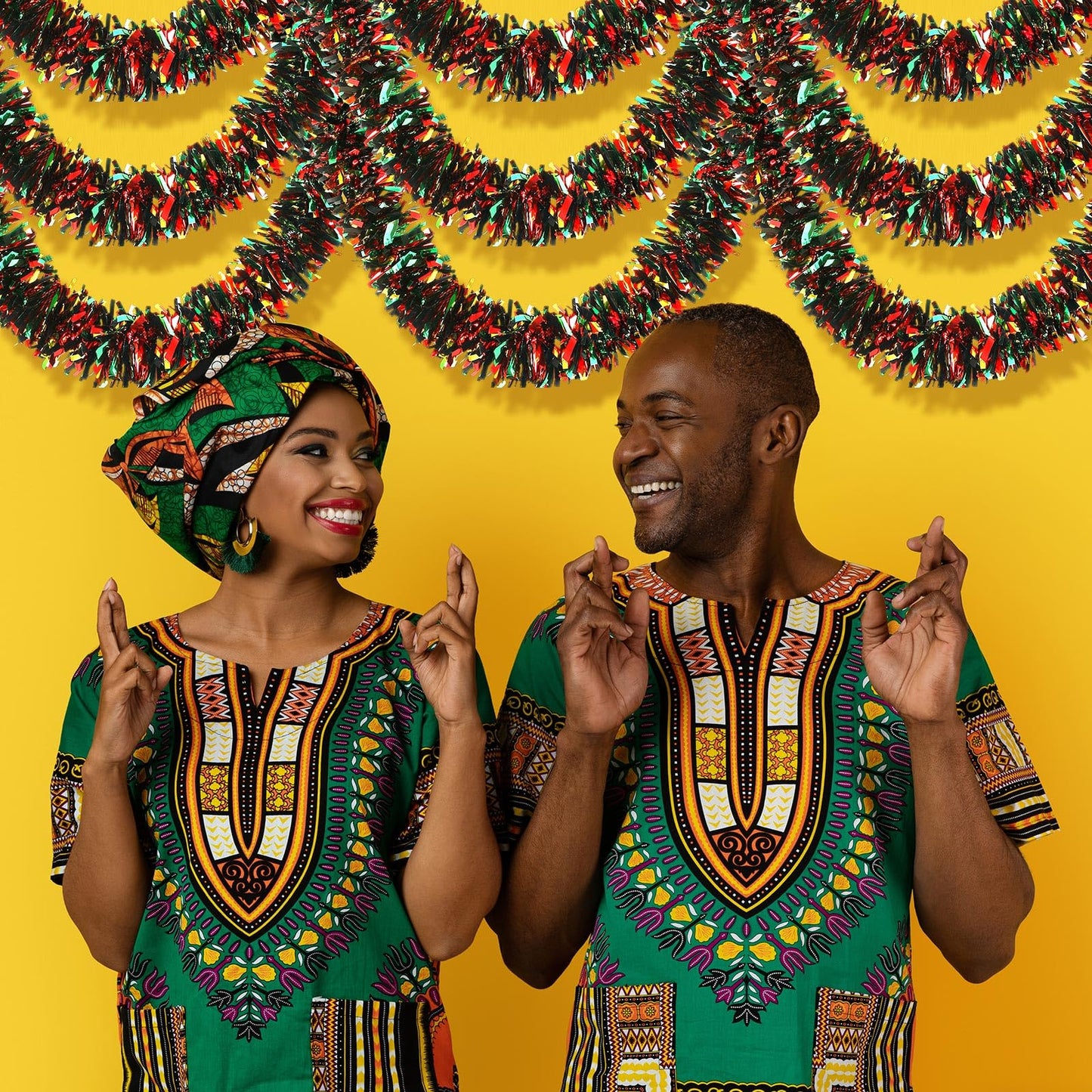 XunYee 2 Pcs 39.4 ft Juneteenth Tinsel Garland Decorations Black Green Yellow Shiny Metallic Garland Freedom Day Decoration for Juneteenth Memorial Emancipation Day Patriotic African American Party
