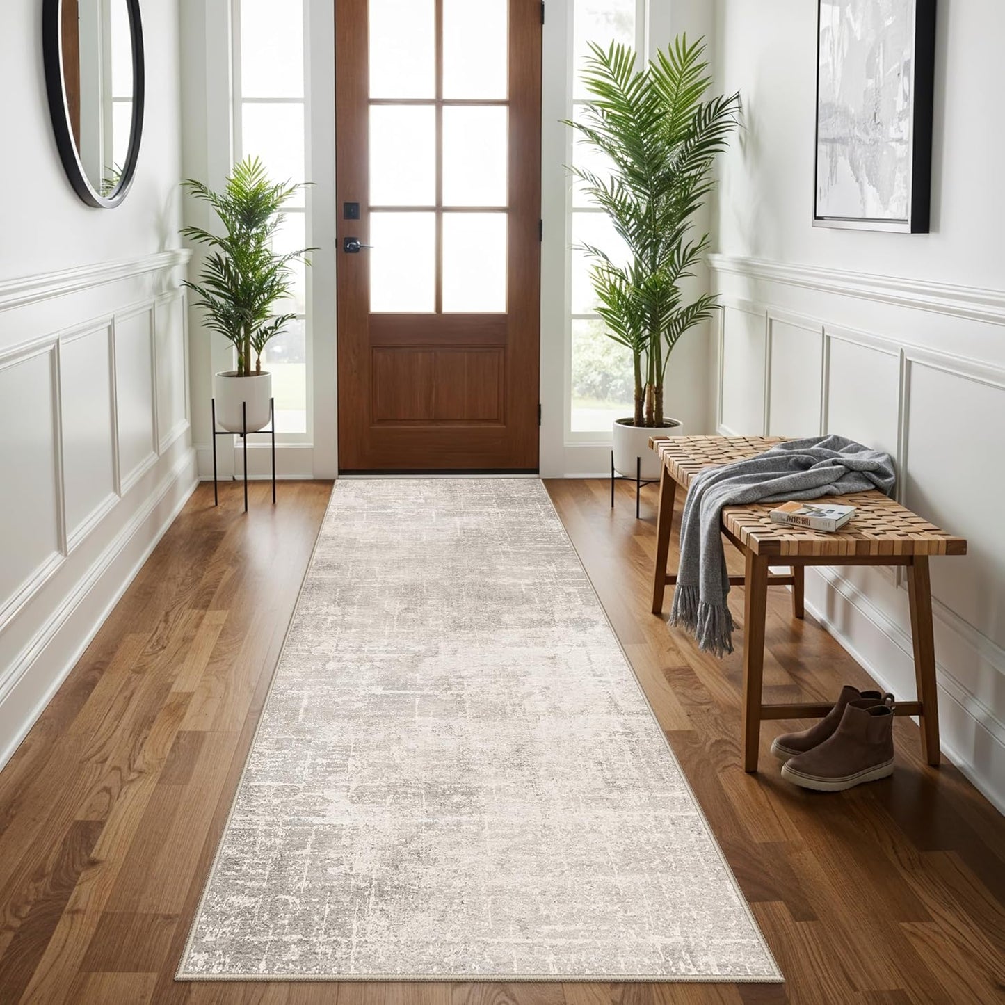 Skiennix 3x7 Washable Hallway Runner Rug - Abstract Stain Resistant | Ultra Soft Non-Slip Carpet in Beige/Cream