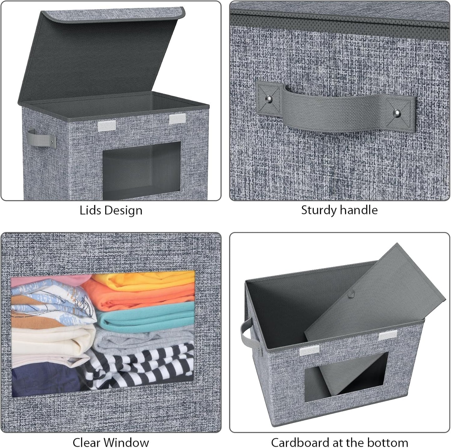Univivi Foldable Storage Boxes - Large Collapsible Bins with Lids | 4-Pack Grey Organizers (17'' x 12'' x 12'')