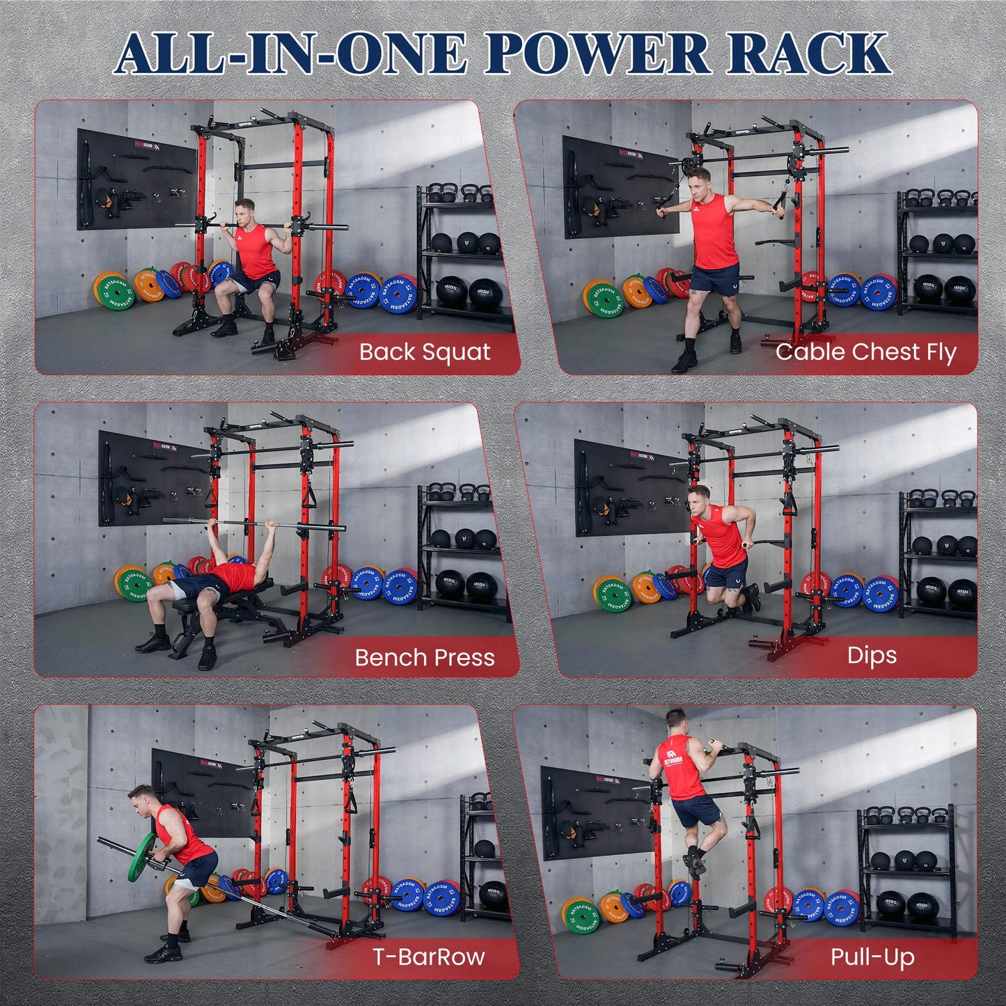 Smith Machine, 5 in 1 Heavy-Duty Squat Rack with Cable Crossover, All-in-One Home Gym Power Rack for Full-Body, Dual 1:1 Pulley System