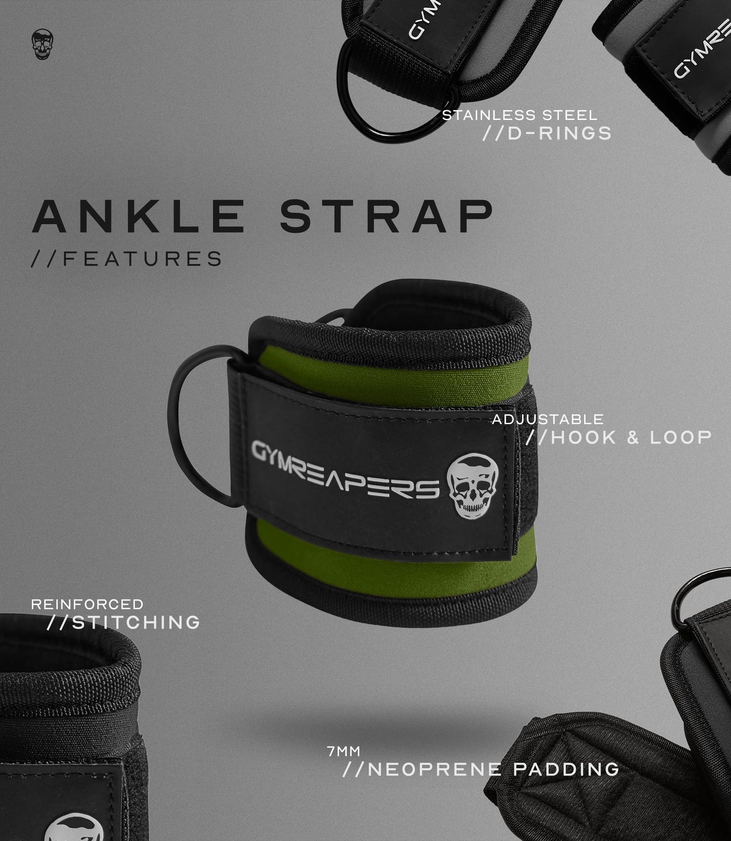 Gymreapers Ankle Straps (Pair) For Cable Machine Kickbacks, Glute Workouts, Lower Body Exercises - Adjustable Leg Straps with Neoprene Padding (Ranger Green, Pair)
