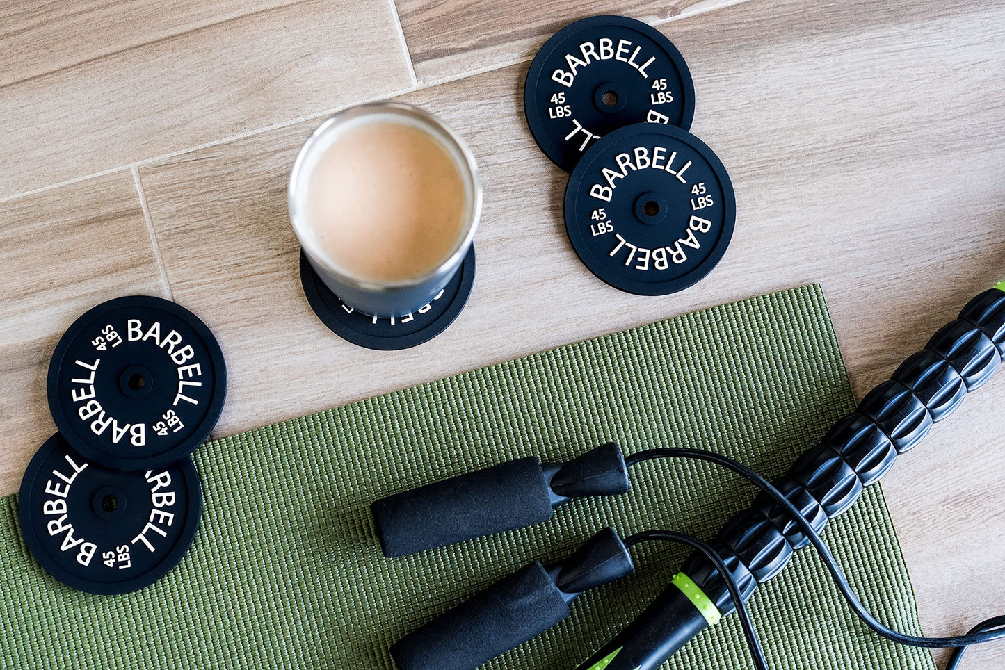 Barbell Bumper Plate Drink Coasters Set of 6, Round Black Silicone Coasters for Coffee Table, Absorbent Coaster for Drinks, Fitness Gym Gifts for Men & Women, Weightlifting Coaster Gym Accessories
