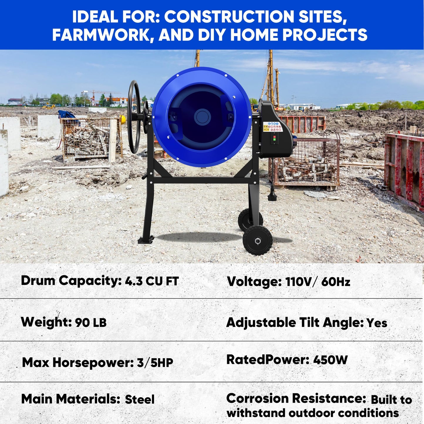 POXURIO 120L Electric Cement Mixer, 4.3 Cubic Ft. 450W 3/5HP Portable Concrete Mixer Machine with Stand And Wheels for Stucco, Mortar, Seeds, Blue-2026 Upgraded