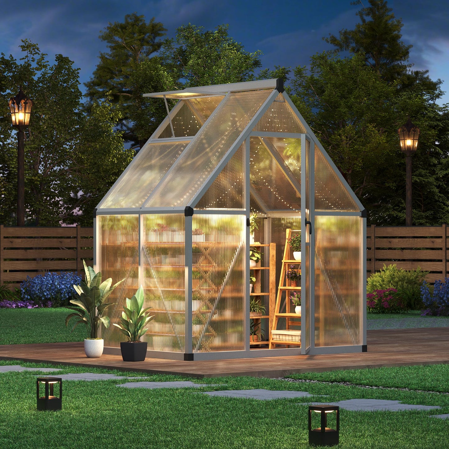 GarveeHome 6×4 FT Outdoor Greenhouse, Large Walk in Greenhouses for Outdoors and Garden Planting, Polycarbonate Green House with Enhanced Aluminum Frame and W/Lockable Push Door, Silver