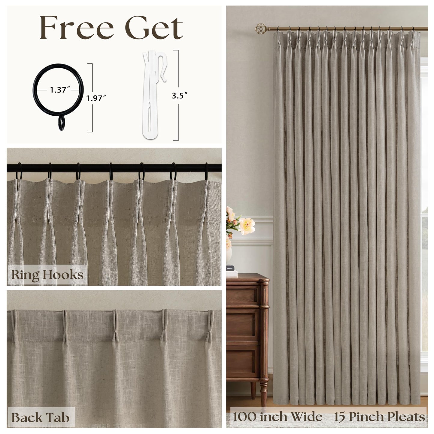 Extra Wide Pleated Curtains 108 Inches Long 100 Inch Width Patio Sliding Door Light Filtering Taupe Grey Beige Burlywood Birch Neutral Modern Neutral 100x108 Drapes Panels Living Dining Room 1 Panel
